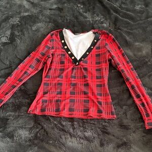 Chic Red and Black Plaid V-Neck Long Sleeve Top